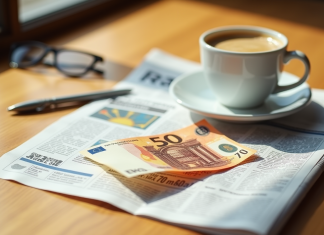 Investir 50 euros : dans quoi, comment et pourquoi ? Billet de 50 euros sur un journal financier avec café