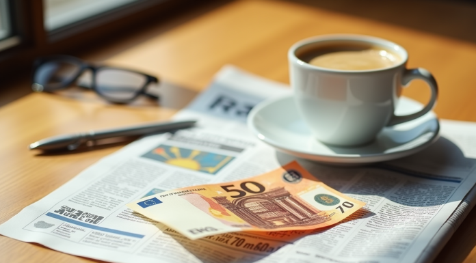 Billet de 50 euros sur un journal financier avec café