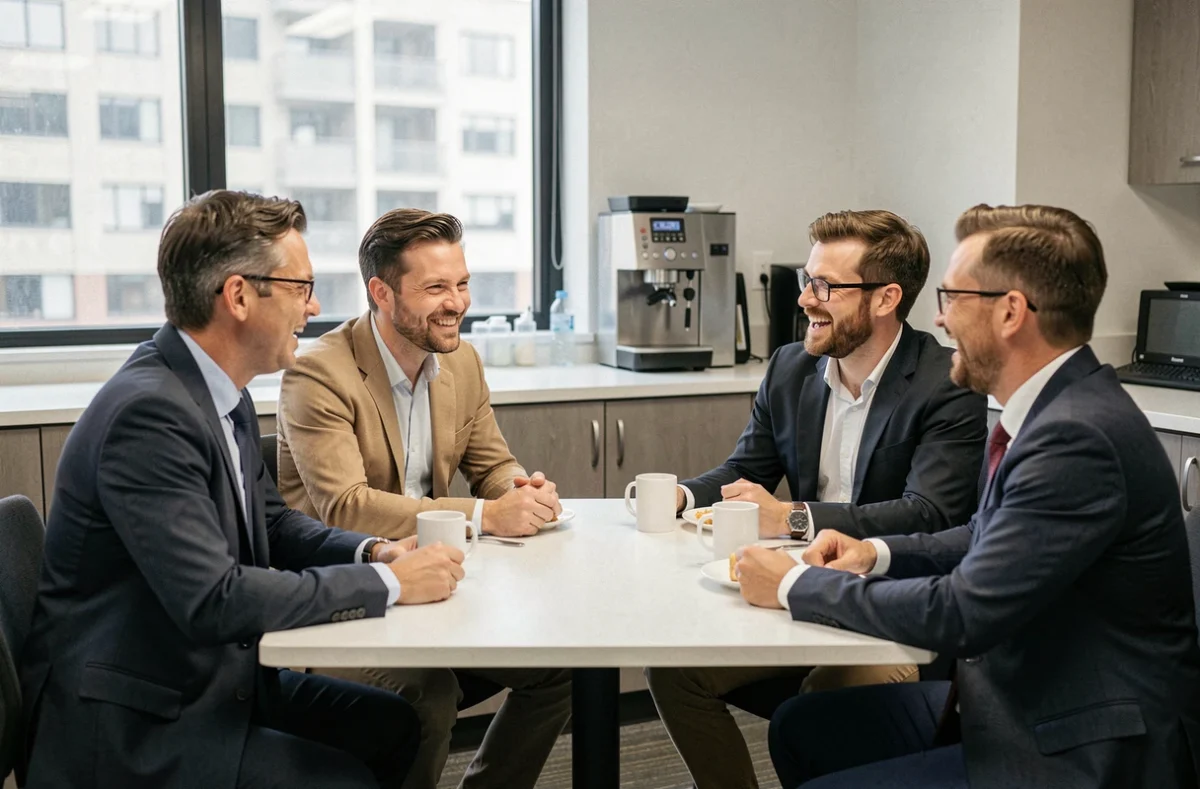 Groupe de collègues en salle de pause partageant des blagues au travail lors d'une pause déjeuner détendue