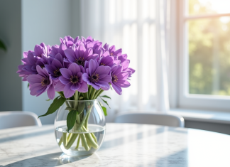 Bouquet de fleurs violettes en V sur table en marbre blanc