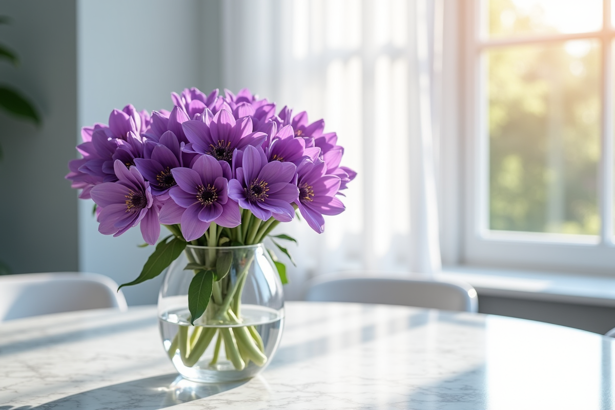 Bouquet de fleurs violettes en V sur table en marbre blanc