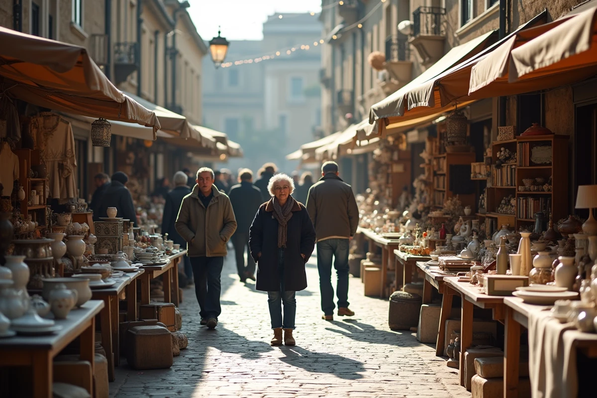 Braderie de rue animée avec des étals de brocante sur une place pavée, visiteurs parcourant les objets vintage un week-end matin