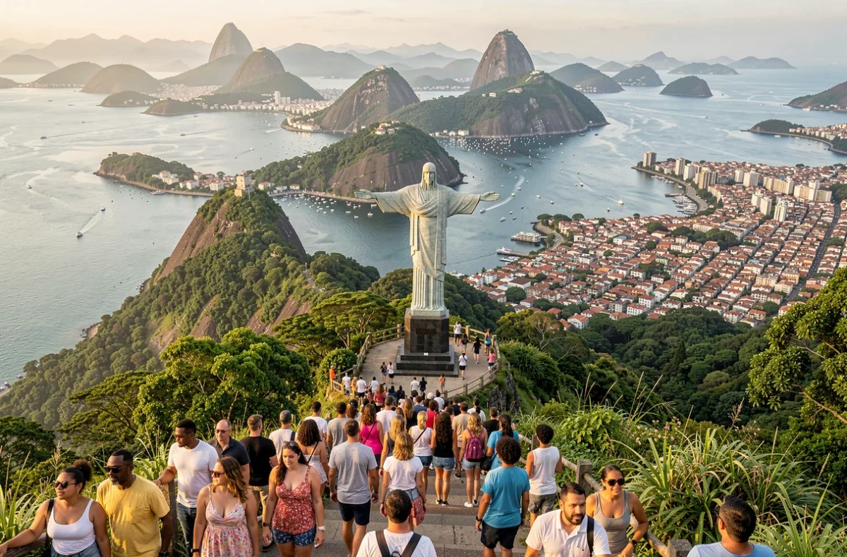 La statue du Christ Rédempteur sur le Corcovado à Rio de Janeiro avec la ville et la baie de Guanabara en arrière-plan