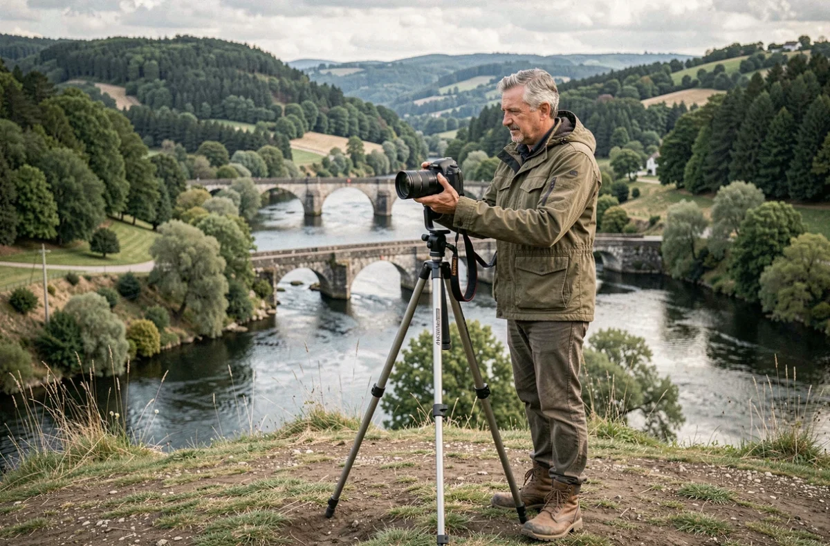 Bruno Bodin photographe installé avec son trépied dans un paysage naturel du Tarn