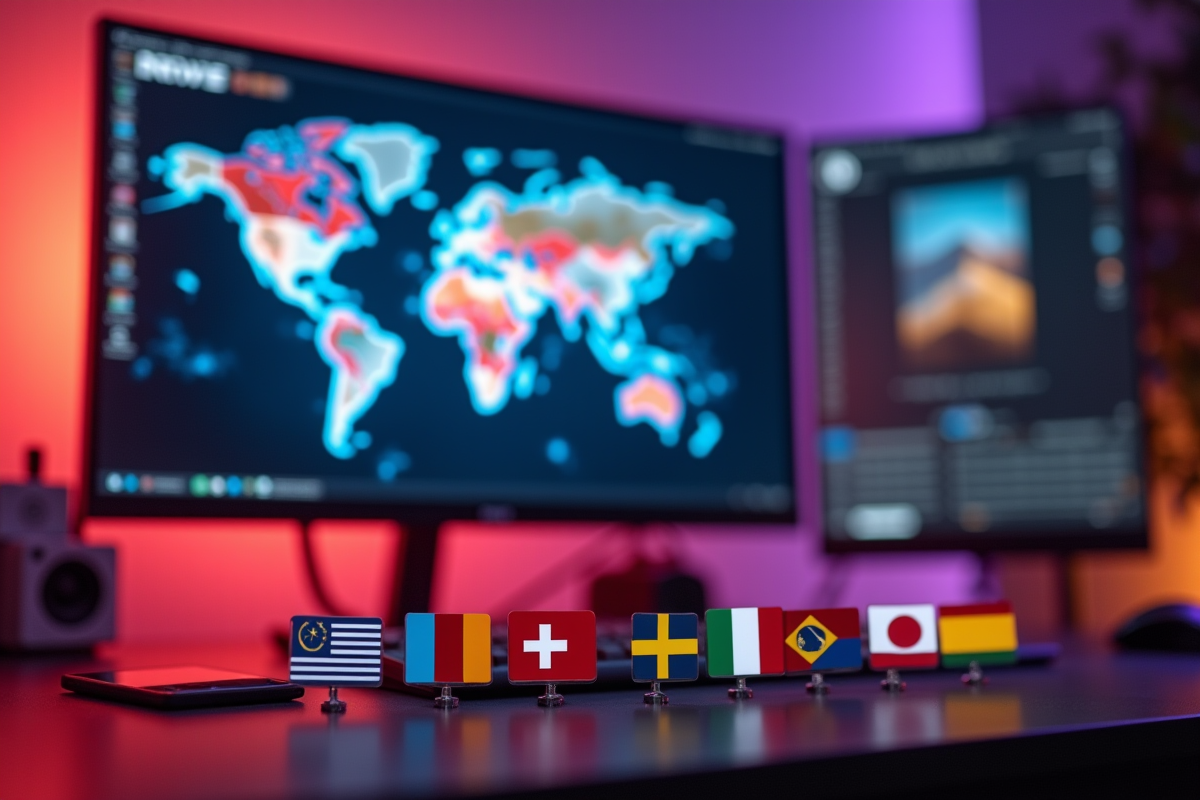 Espace de travail avec drapeaux et carte du monde sur l