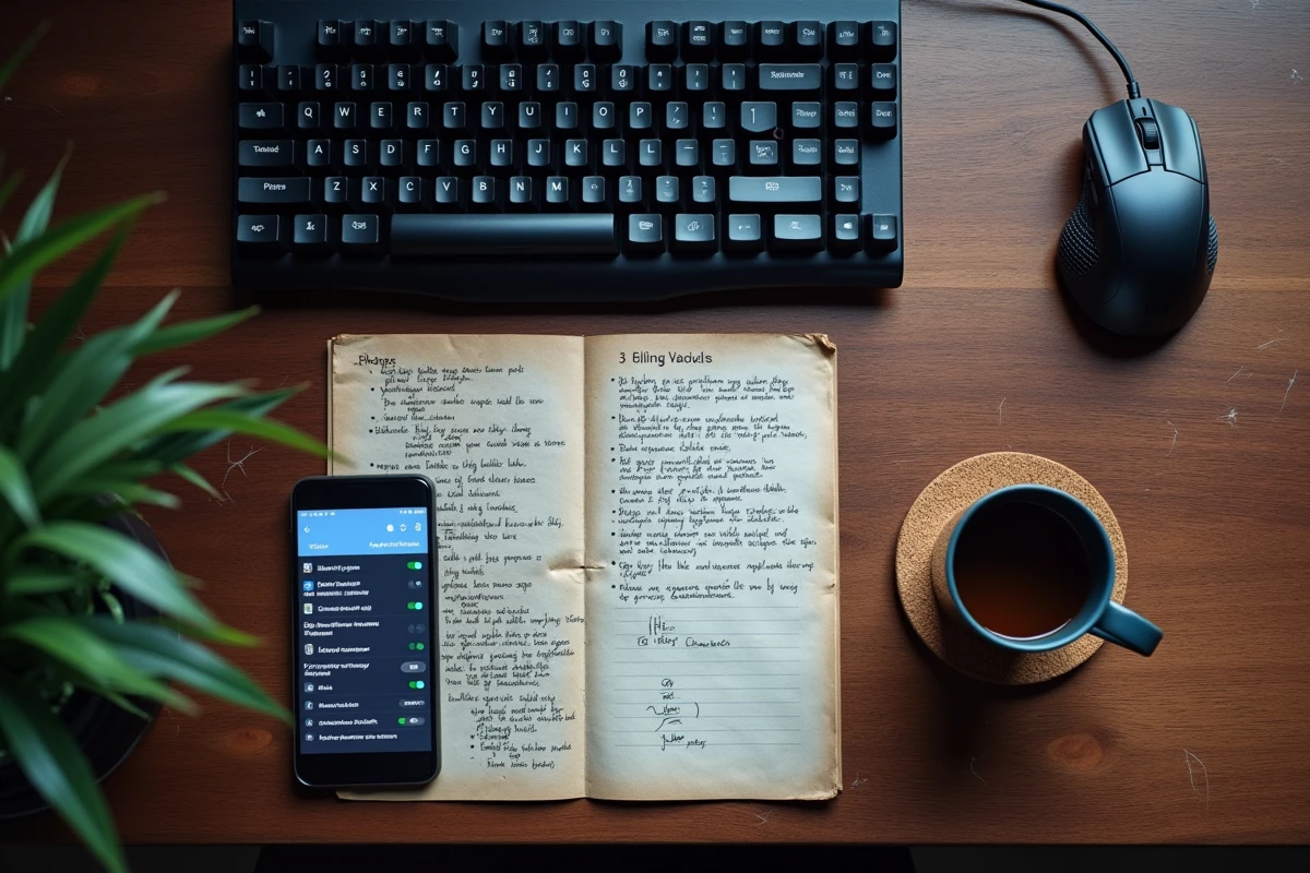 Vue aérienne d'un bureau de gamer avec clavier, souris, guide de jeu annoté et smartphone affichant des paramètres