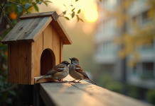 Cage à oiseaux en bois sur un balcon urbain en matinée