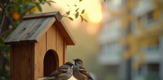 Cage à oiseaux en bois sur un balcon urbain en matinée
