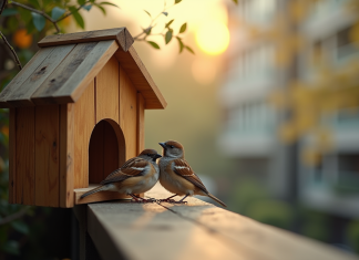 Cage à oiseaux en bois sur un balcon urbain en matinée