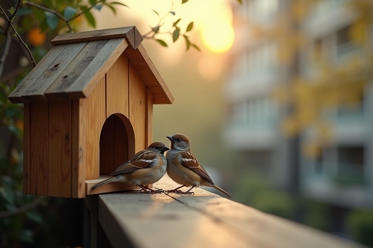 Cage à oiseaux en bois sur un balcon urbain en matinée