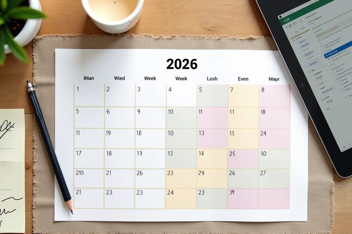 Vue du dessus d'un calendrier 2026 semaines paires impaires imprimé avec numérotation des semaines posé sur un bureau minimaliste avec tablette Excel
