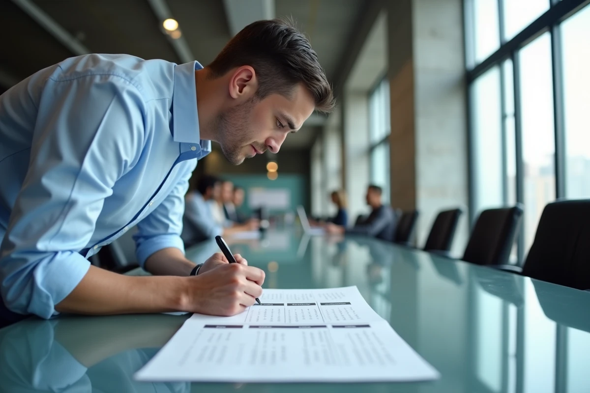 Homme en bureau professionnel consultant un calendrier PDF semaines paires et impaires 2026 posé sur une table de réunion