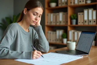 Femme annotant un calendrier semaine paire impaire imprimé à côté d'un ordinateur portable avec tableur Excel ouvert