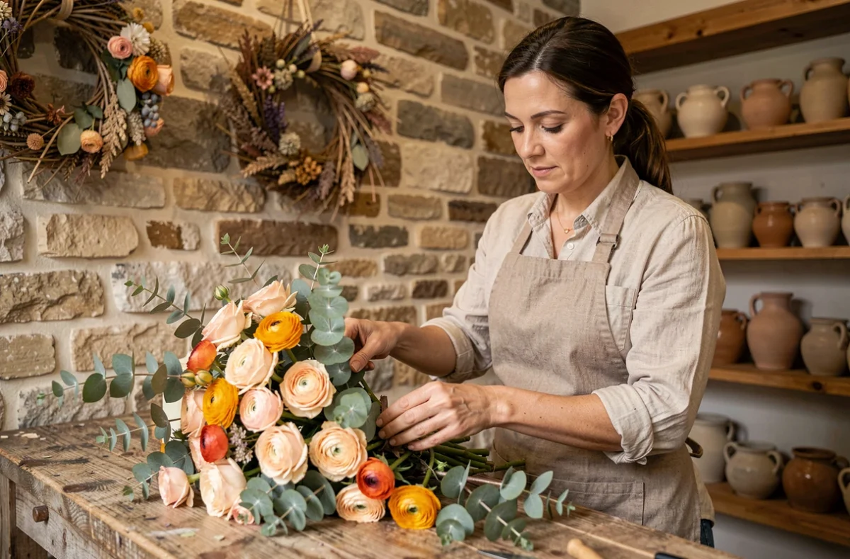 Fleuriste artisane arrangeant un bouquet de roses et d'eucalyptus dans la boutique Cattleya Artisan Fleuriste à Toulouse