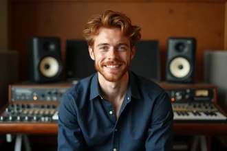Chanteur roux britannique aux yeux clairs dans un studio d'enregistrement vintage, portrait 3/4 réaliste