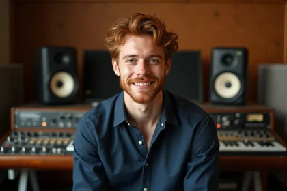 Chanteur roux britannique aux yeux clairs dans un studio d'enregistrement vintage, portrait 3/4 réaliste