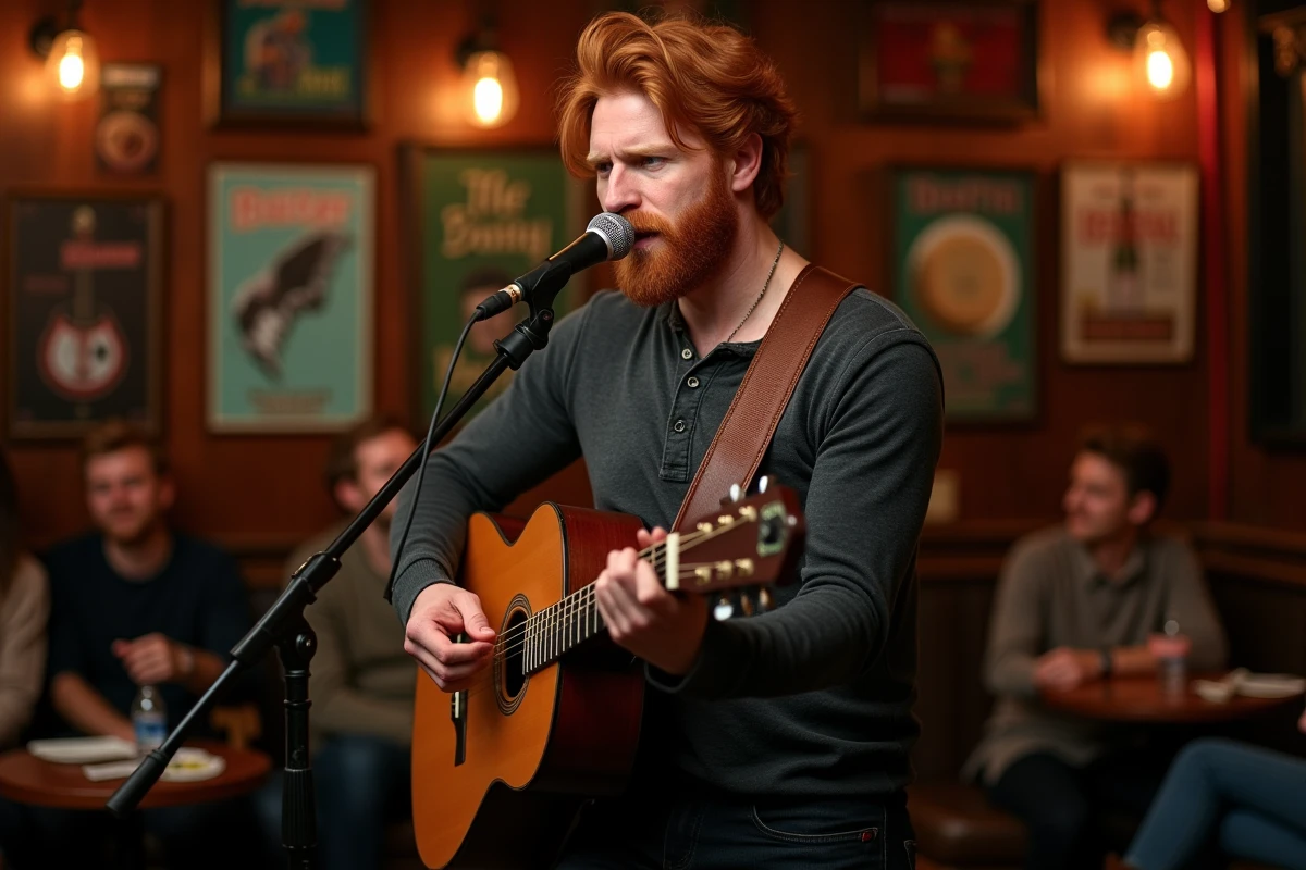 Chanteur roux sur scène dans un pub irlandais ou anglais jouant de la guitare acoustique lors d'un concert intimiste