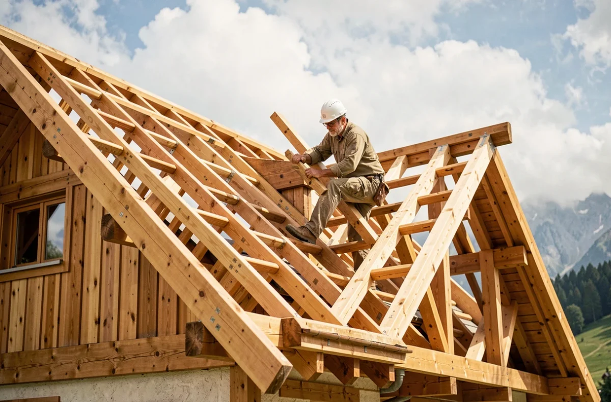 Charpentier travaillant sur une charpente en bois complexe pour une maison dauphine à toit fortement pentu