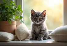 Chaton gris aux yeux ambrés sur un rebord de fenêtre