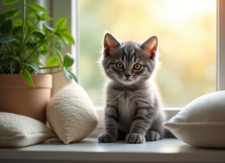 Chaton gris aux yeux ambrés sur un rebord de fenêtre
