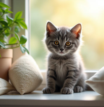 Chaton gris aux yeux ambrés sur un rebord de fenêtre