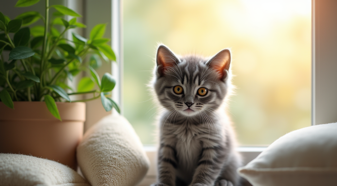 La vie avec les races de chatons gris : témoignages de propriétaires Chaton gris aux yeux ambrés sur un rebord de fenêtre