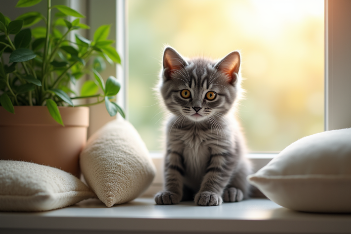 Chaton gris aux yeux ambrés sur un rebord de fenêtre