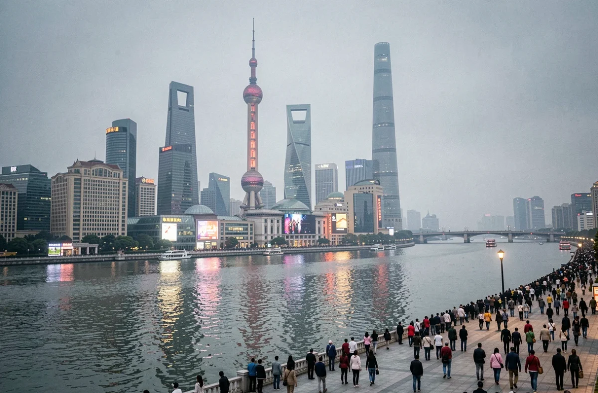 Panorama du quartier de Pudong à Shanghai avec la skyline emblématique reflétée dans la rivière Huangpu