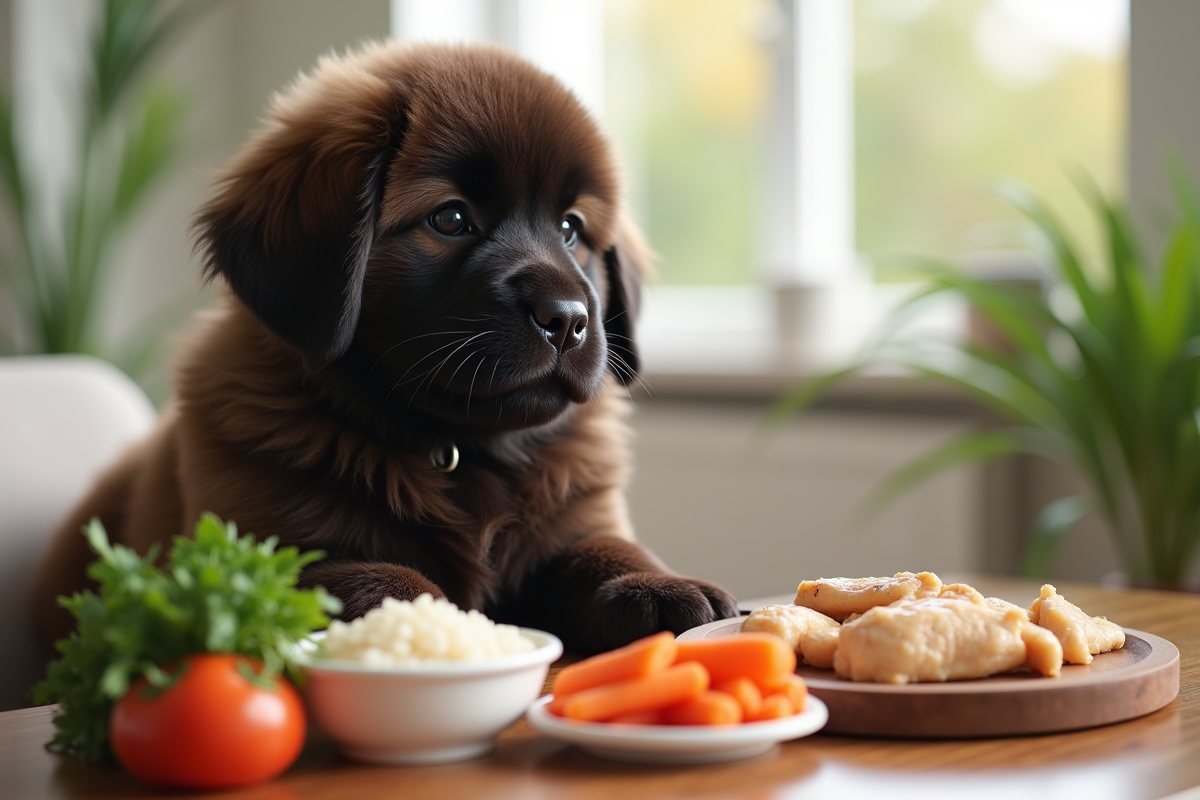Chiot Newfoundland assis près d une table avec aliments frais
