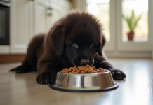 Chiot Newfoundland mange croquettes dans une cuisine lumineuse