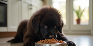 Chiot Newfoundland mange croquettes dans une cuisine lumineuse