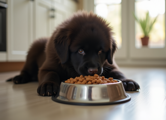Chiot Newfoundland mange croquettes dans une cuisine lumineuse