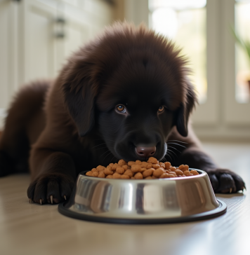 Chiot Newfoundland mange croquettes dans une cuisine lumineuse