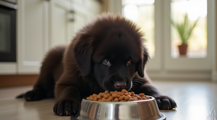 Chiot Newfoundland mange croquettes dans une cuisine lumineuse
