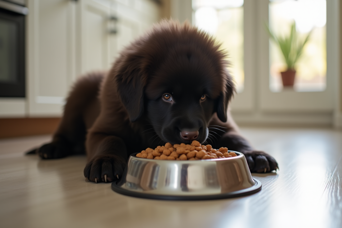 chiot-newfoundland-manger-croquettes Chiot Newfoundland mange croquettes dans une cuisine lumineuse