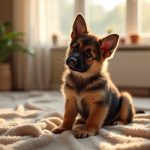 Jeune chiot berger allemand assis sur une couverture dans un salon