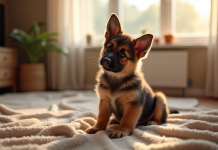 Jeune chiot berger allemand assis sur une couverture dans un salon
