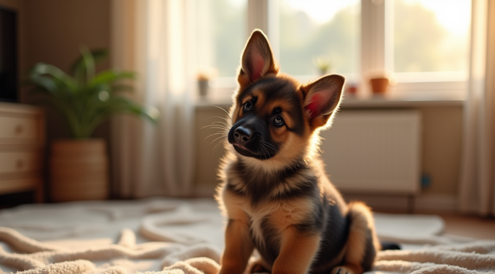 Jeune chiot berger allemand assis sur une couverture dans un salon