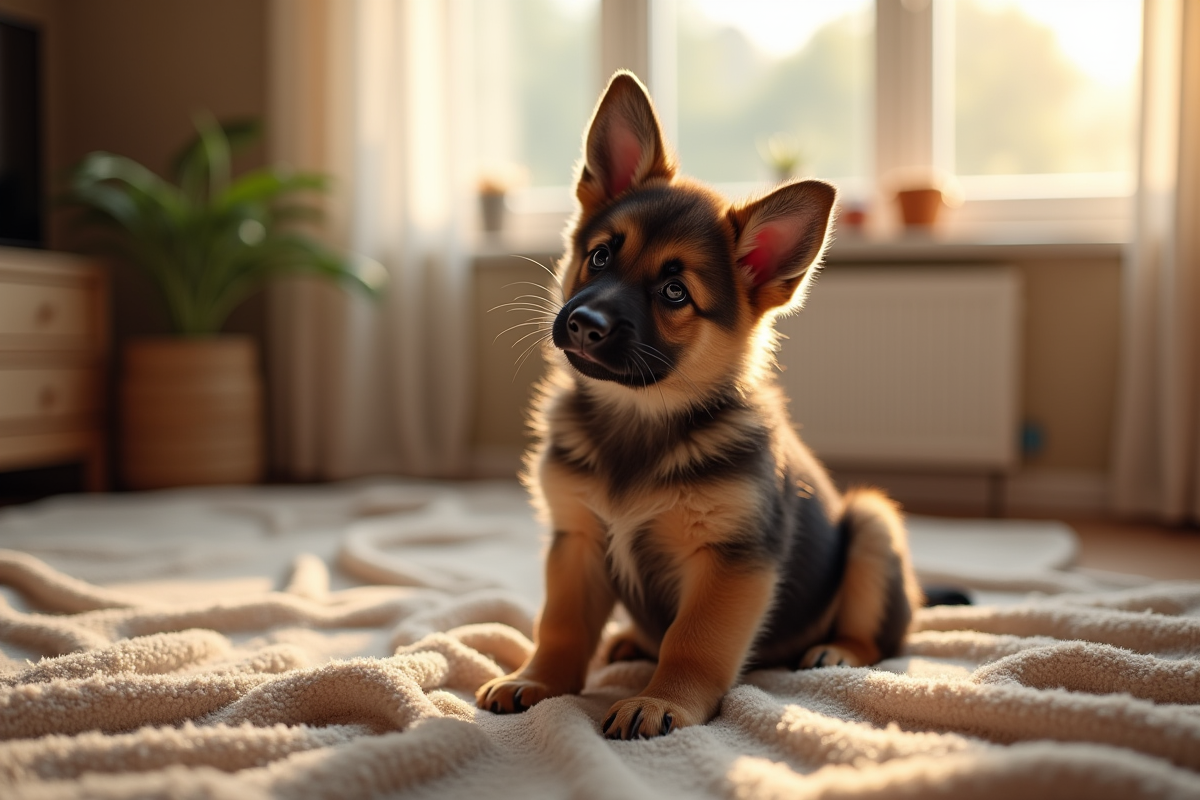 Jeune chiot berger allemand assis sur une couverture dans un salon