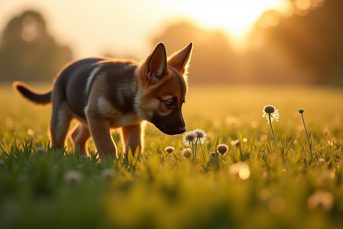 Chiot berger allemand explorant une prairie au lever du soleil