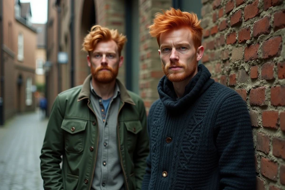 Deux hommes aux cheveux roux, l'un britannique et l'autre irlandais, comparaison visuelle en milieu urbain