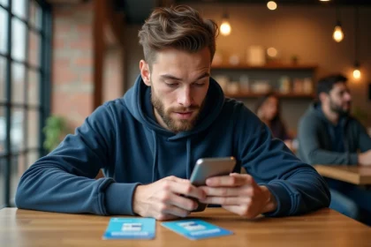 Homme comparant des forfaits Lycamobile 30 euros sur smartphone dans un café urbain