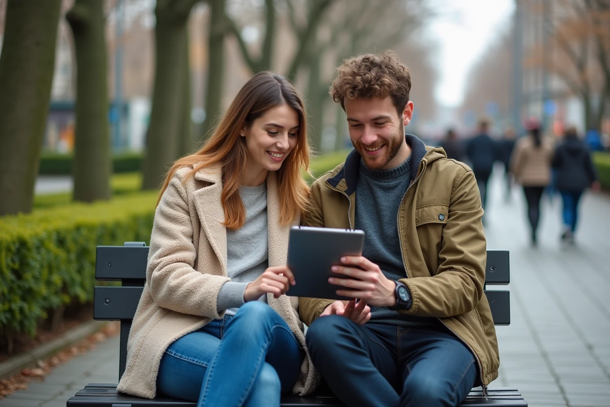 Deux amis comparant les offres Lycamobile Plan L et International 30 euros sur tablette dans un parc urbain