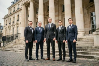 Comparaison de taille entre plusieurs présidents français devant un bâtiment institutionnel parisien