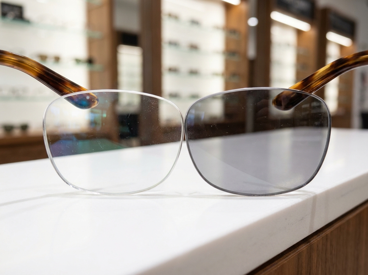 Comparaison de deux verres à teinte variable côte à côte, l'un clair et l'autre teinté, sur le comptoir d'un magasin d'optique