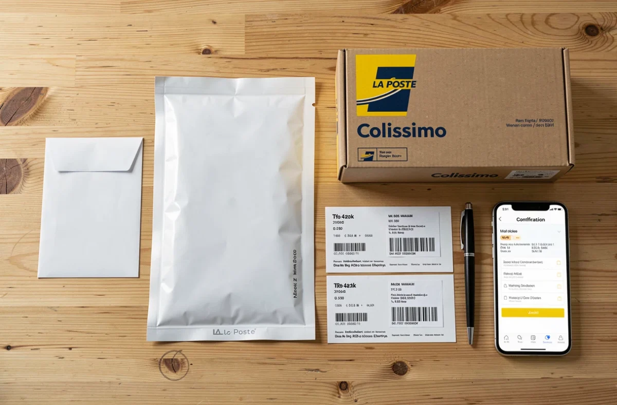 Comparatif de formats courrier La Poste avec enveloppes, colis et étiquettes de suivi sur un bureau en bois