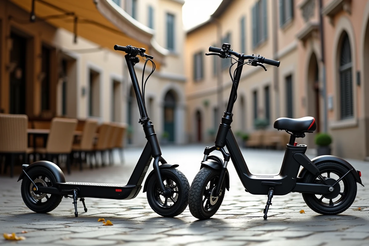 Trottinette électrique et vélo électrique garés côte à côte sur une place pavée en ville européenne