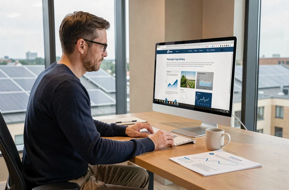 Homme consultant un site web de référence sur les énergies renouvelables dans un bureau moderne