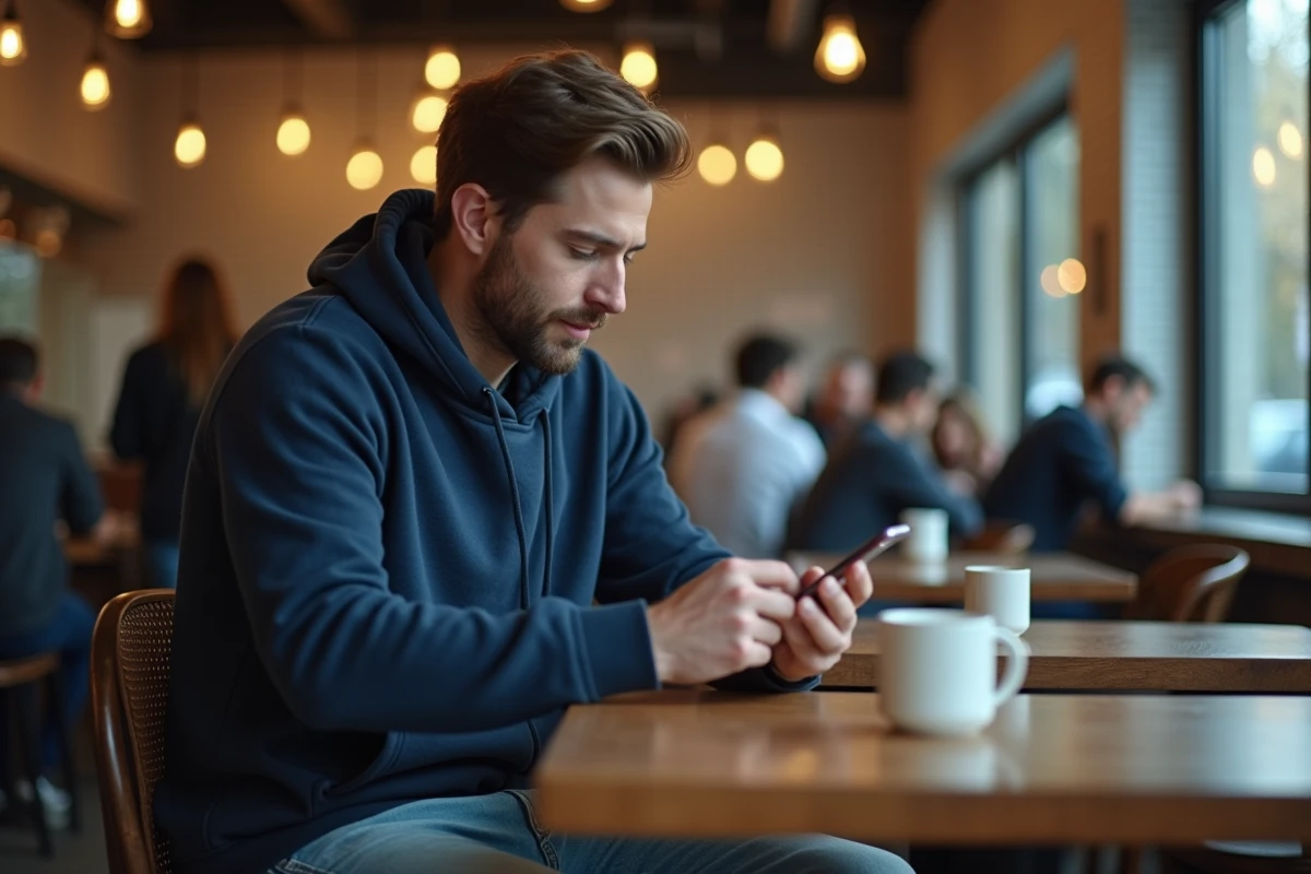 Homme regardant des stories Instagram en mode anonyme depuis son téléphone dans un café