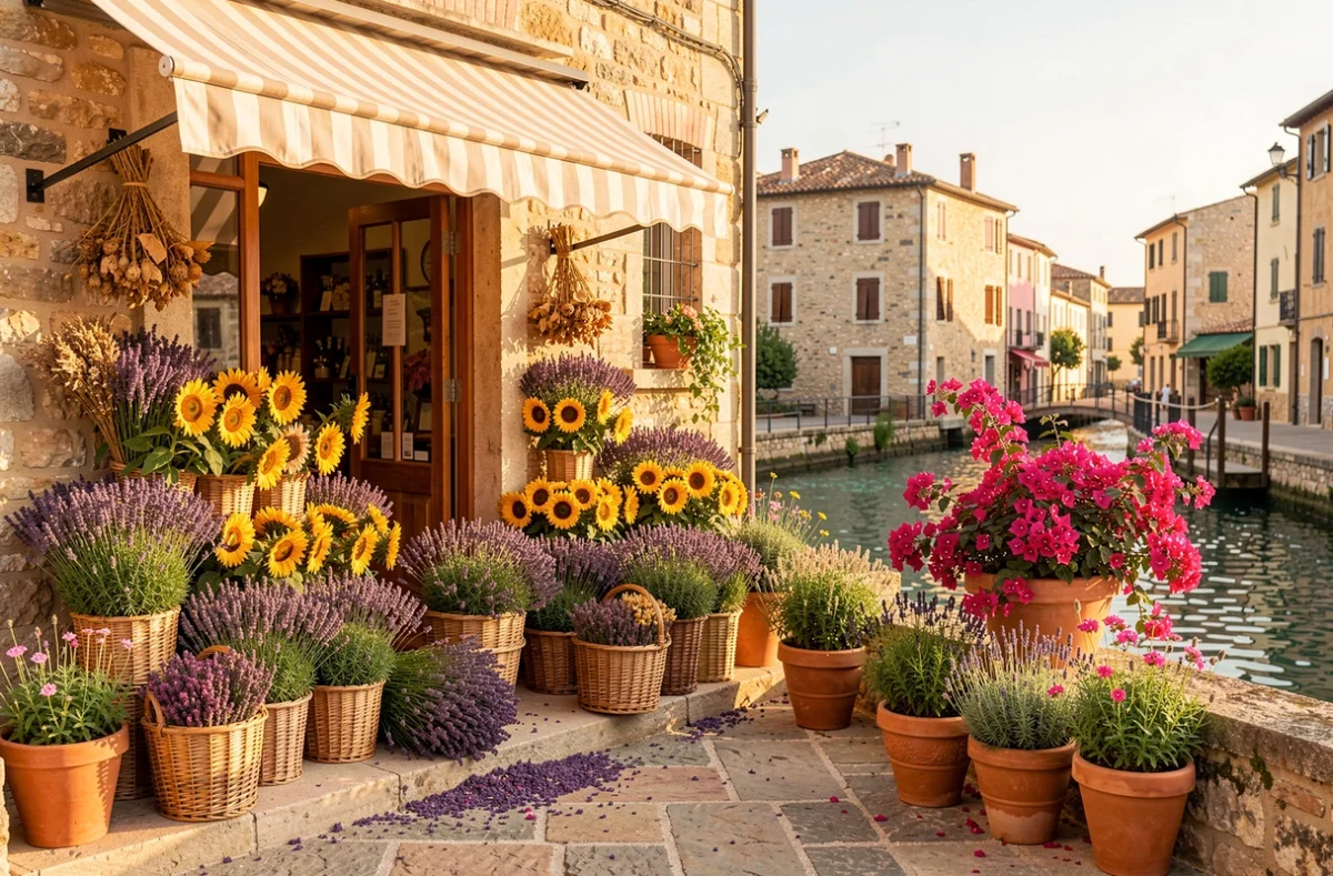 Devanture fleurie de Corté Fleuriste à Narbonne avec des paniers de lavande, tournesols et bougainvilliers posés sur un seuil en pierre